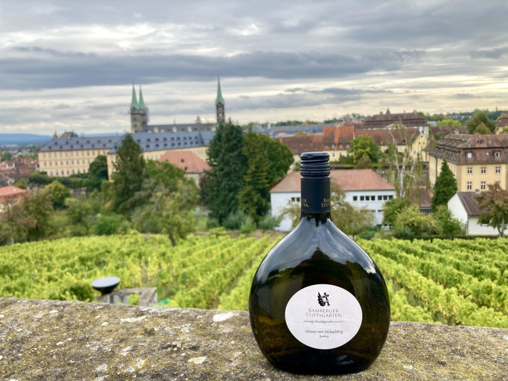 Aussicht auf den Bamberger Weinberg mit Bocksbeutel und Dom im Hintergrund